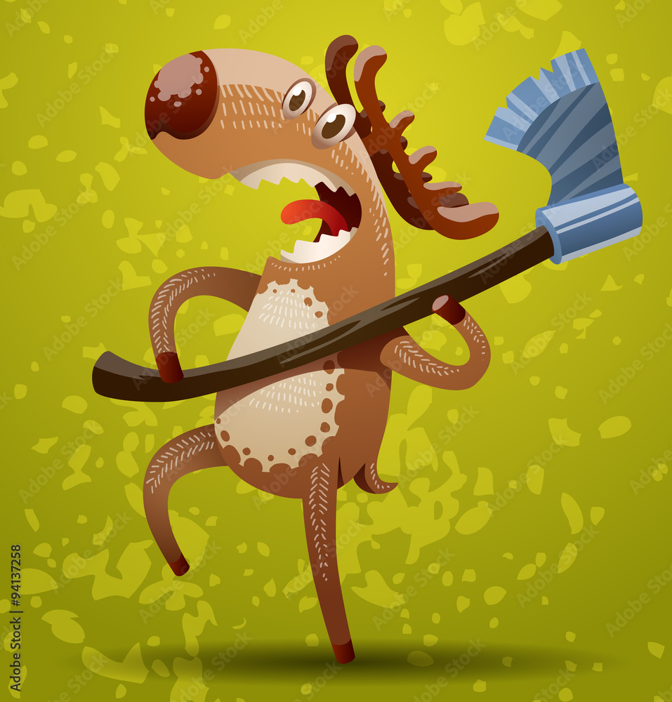Obraz premium Vector funny deer with an axe. Image of a funny cartoon deer brown color with horns standing with an axe on a green background of foliage and grass.