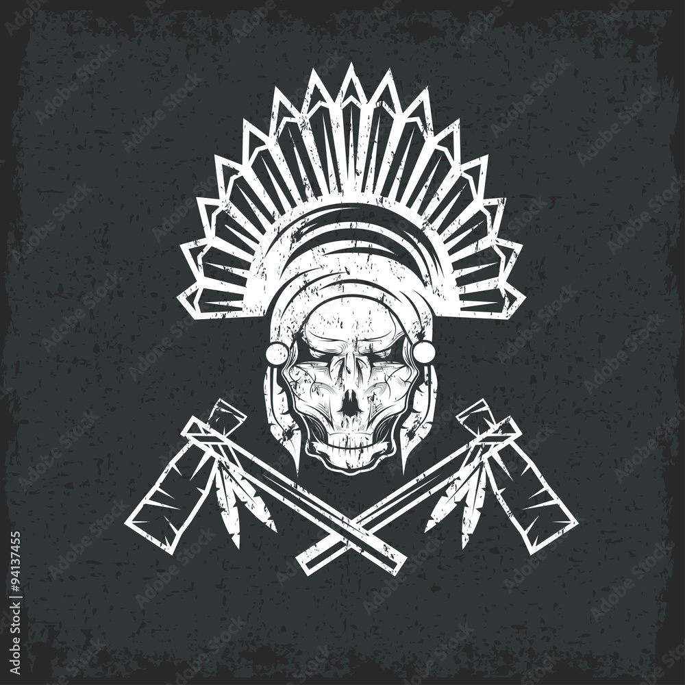 Native American chief skull in tribal headdress with tomahawks Stock ...