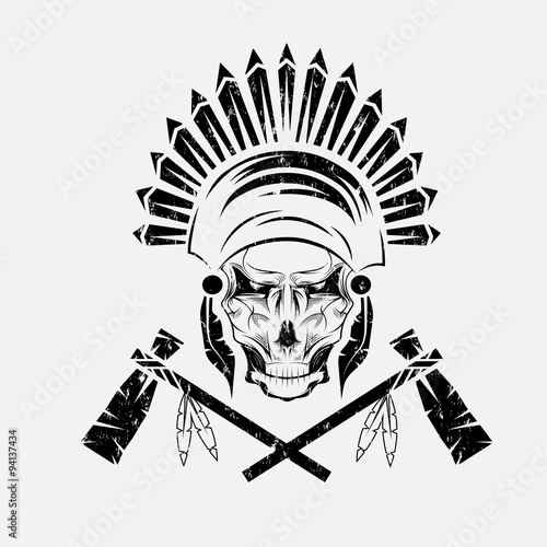 Native American chief skull in tribal headdress with tomahawks
