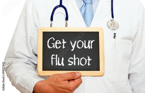 Get your flu shot - Doctor with chalkboard and text on white background