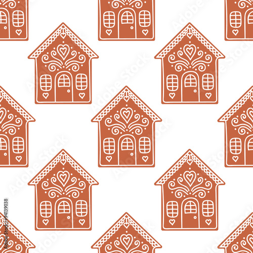 Gingerbread houses. Seamless pattern with gingerbread house. Cute christmas background. Brown colors.