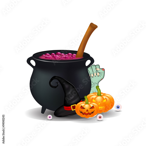 Halloween cartoon, symbols composition. vector objects arrangement, pumpkins, witch hat, cauldron, and more. Vector collage of cute Halloween elements, objects and icons for your design