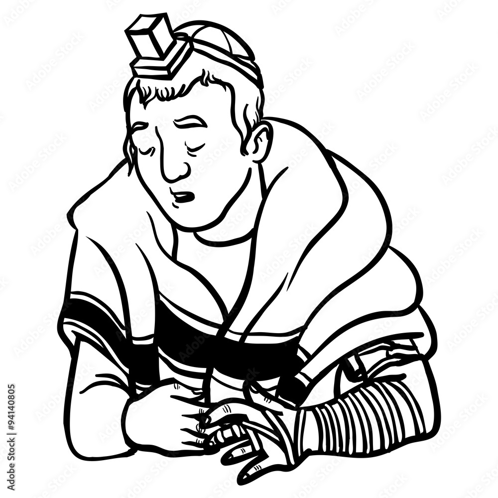 jewish man praying and put on tfilin. vector illustration
