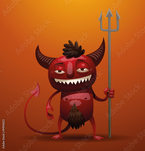 Vector smiling little red devil. Image of a smiling little red devil with horns and a tail, holding a trident in his hand on an orange background.
