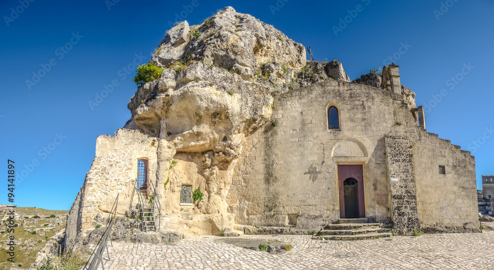 Ancient cave-church in the town of Matera, Basilicata, Italy