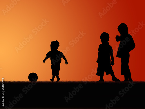 Fotografie silhouette of three little boys playing in sunset sky