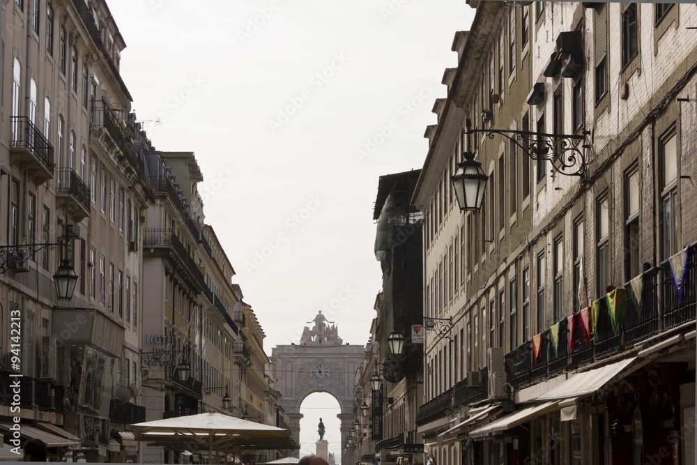 Buildings in Rua Augusta in Lisbon, with the triumphal Arch in the background