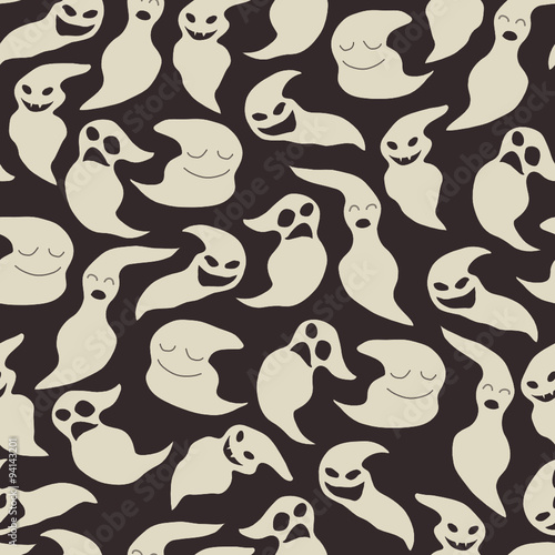Seamless pattern with cute white cartoon ghosts on a black background. For use as a halloween decoration.