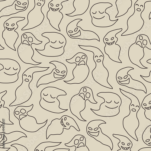 Seamless pattern with cute silhouette of cartoon ghosts on a white background. For use as a halloween decoration.