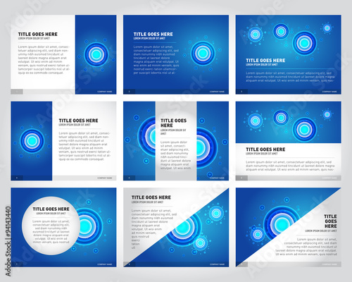 9 Templates for presentation slides, vector set. Graphic design of molecule structure, blue scientific vector background. Abstract background design for flyers and banners. 
