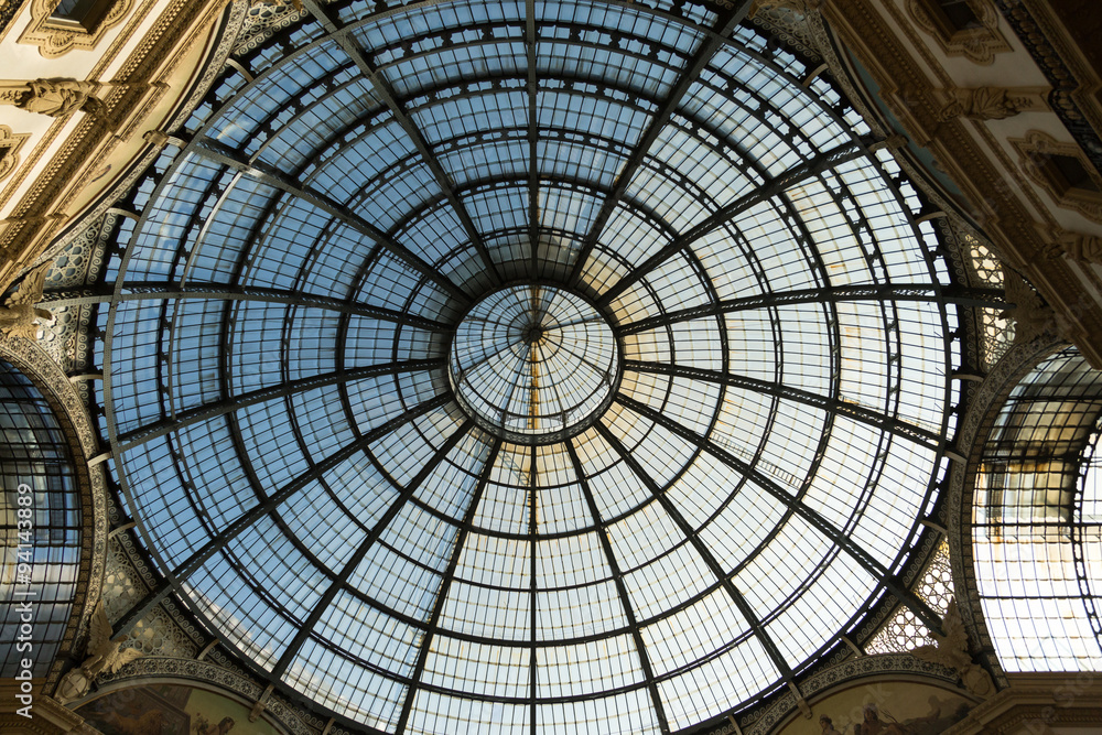 glass vaulted ceiling in the 19th century Galleria Vittorio Emanuele II, Milan, Italy