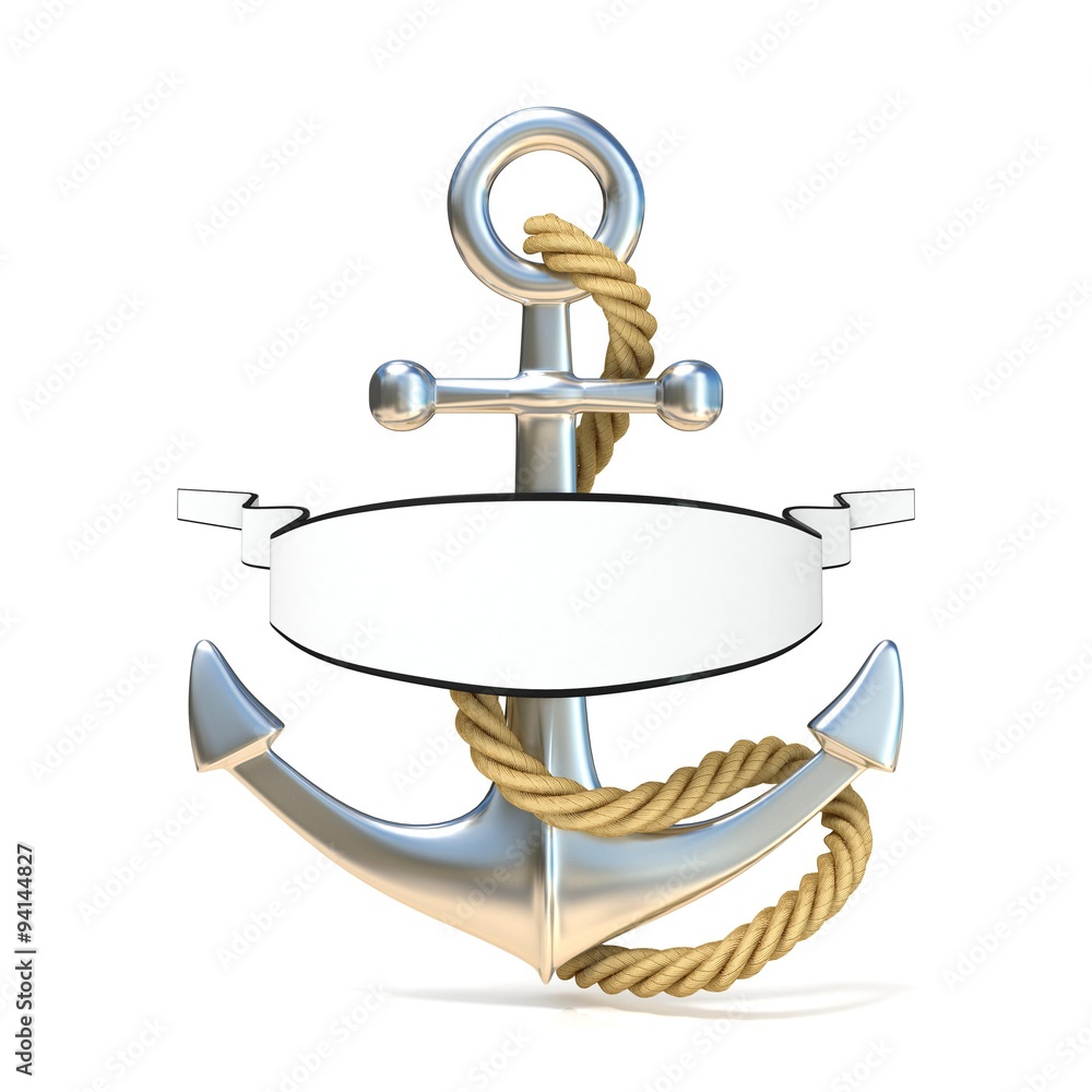 Steel anchor with rope and blank ribbon. 3D render illustration.isolated on white background Steel anchor with rope and blank ribbon. 3D render illustration.isolated on white background