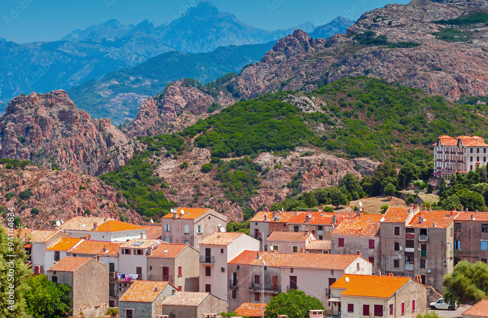 Corsican village cityscape, old stone houses