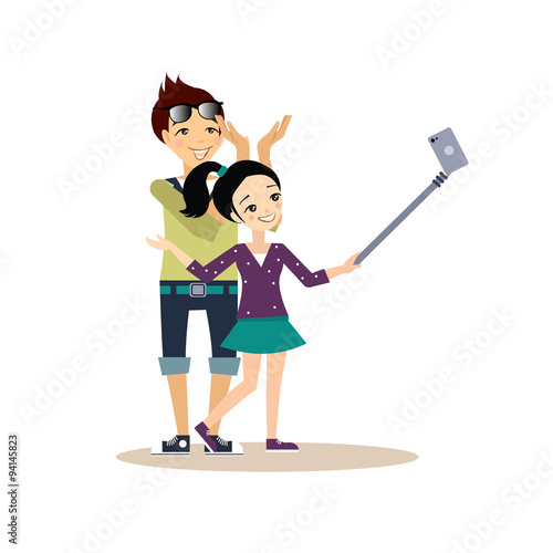 Young Couple Taking a Selfie. Vector Illustration in Flat Style