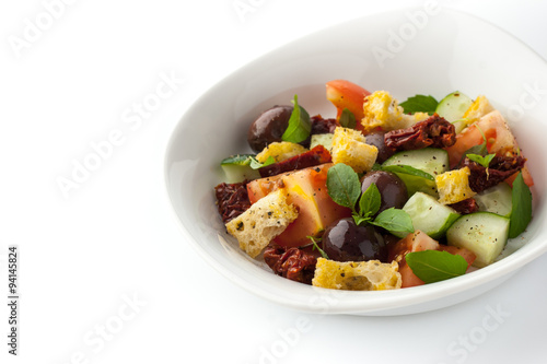 Panzanella salad on the white plate horizontal