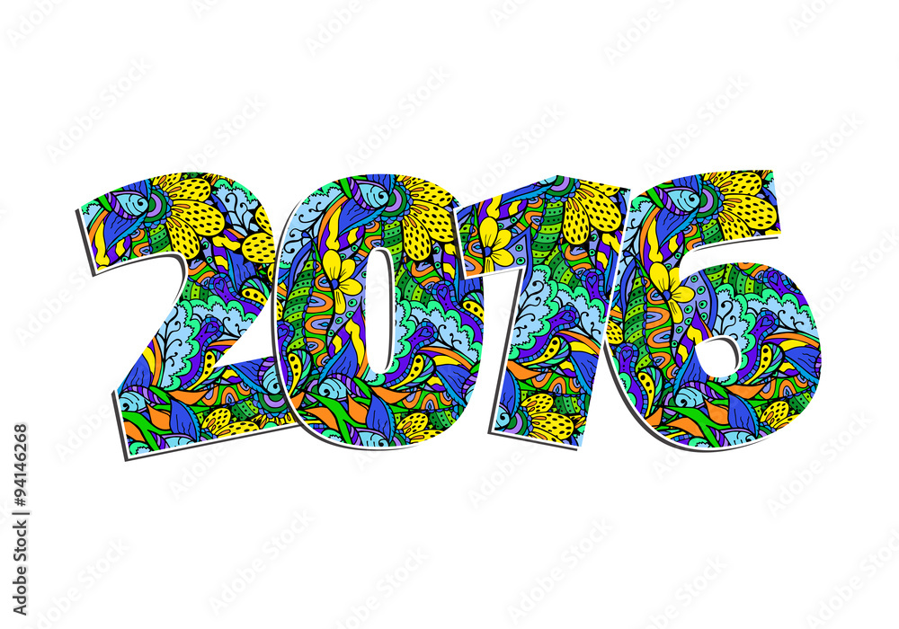 Happy New Year 2016 celebration background. Card for holidays. Decorative colorful ornamental hand drawn zentangle. Creative doodle numbers. Christmas vector illustration.