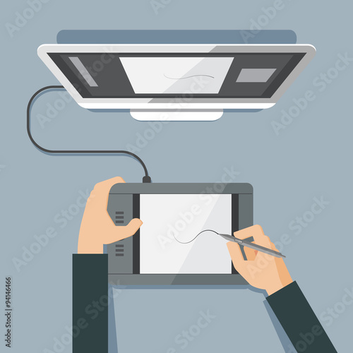Flat design illustration of hands using drawing board