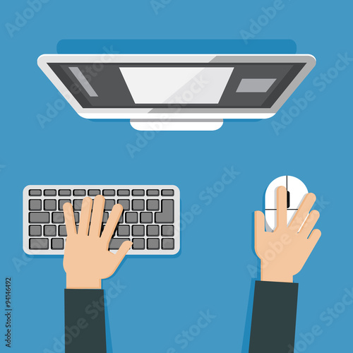 Flat design illustration of hands working at computer