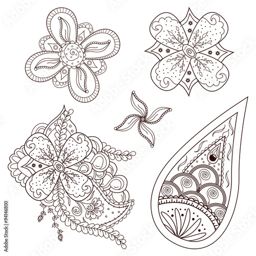 Set of abstract flowers and paisley elements in Indian mehndi style. Hand drawn floral doodles. Orient traditional background design. Ethnic pattern. Template for mehndi ornament. Vector illustration.