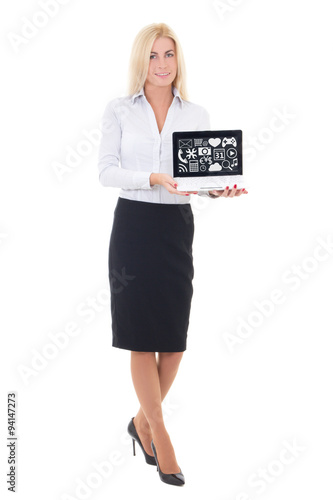 young beautiful business woman showing laptop with multimedia ic