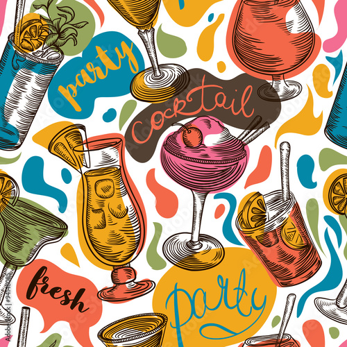 Seamless pattern with vintage cocktails and hand drawn lettering. Cocktail party. Retro colorful vector illustration.