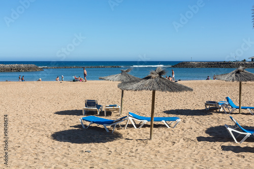 Sun lounger on the beach of Caleta de Fuste, Canary Island Fuerteventura, Spain © wjarek