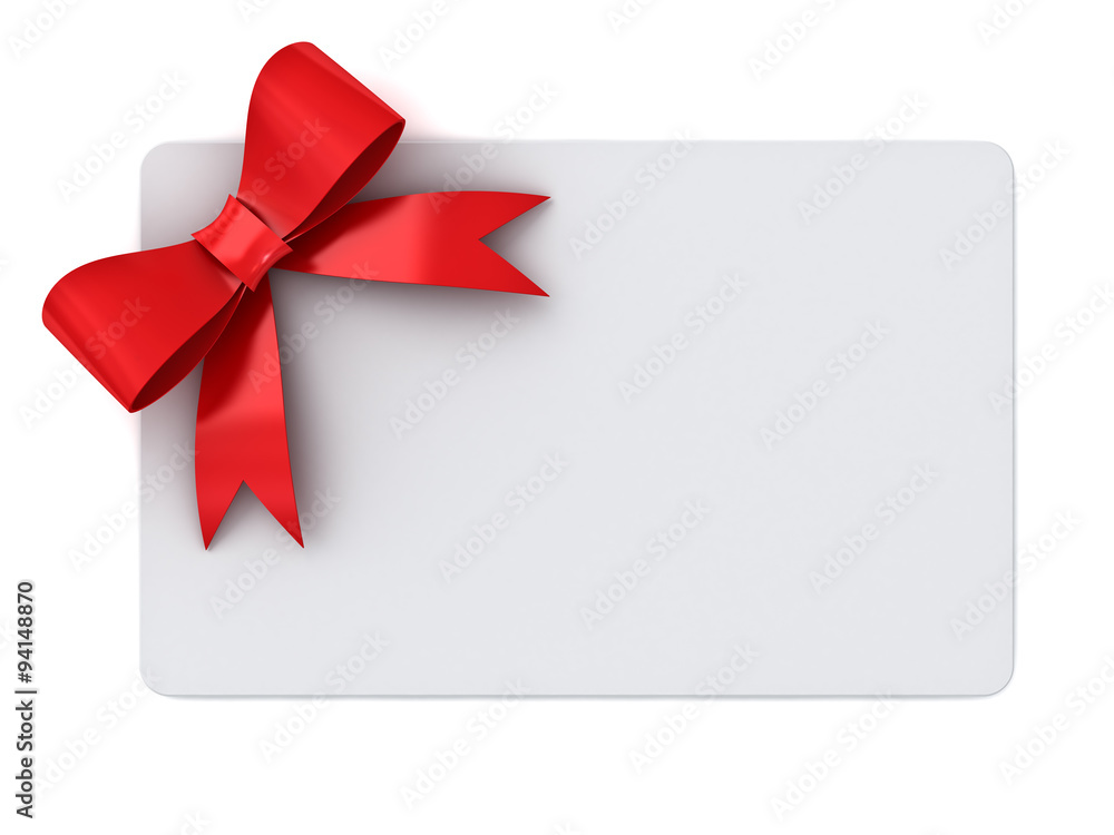Blank gift card with red ribbons and bow concept isolated on white background Blank gift card with red ribbons and bow concept isolated on white background