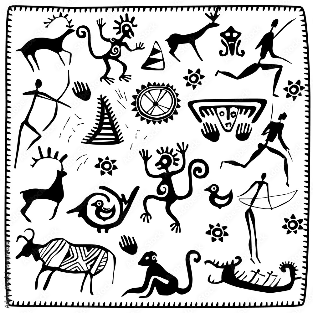 Naklejka premium Set elements African petroglyph art