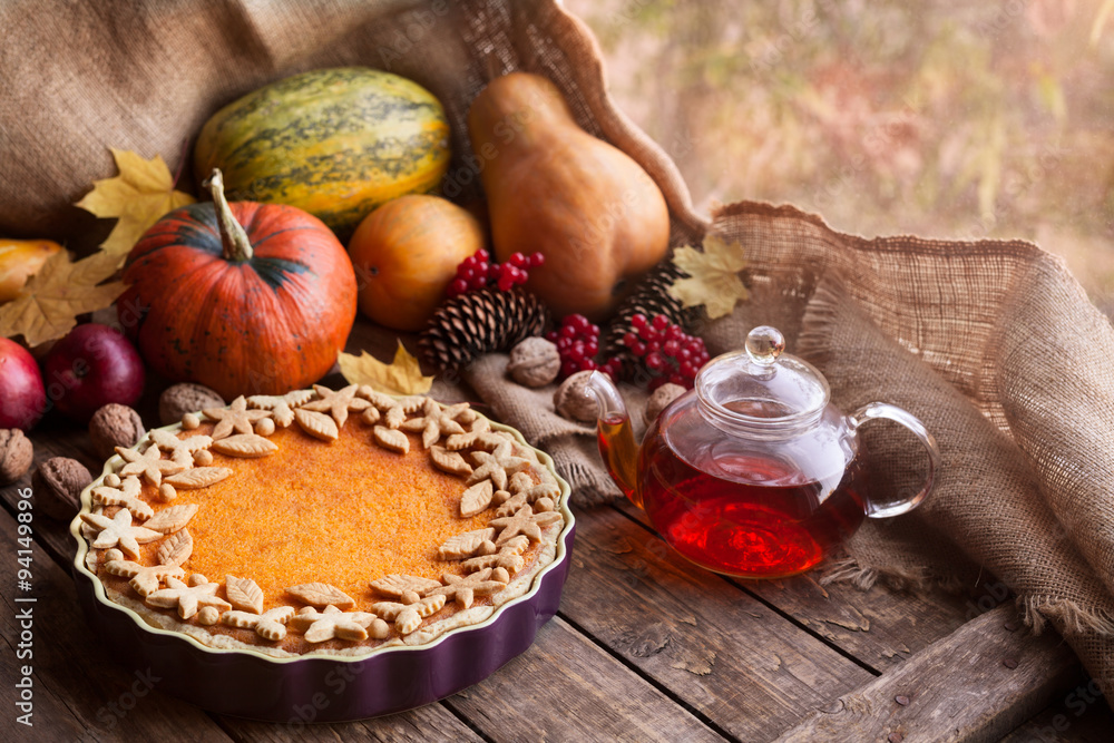 Fototapeta premium Traditional homemade pumpkin tart pie healthy sweet dessert