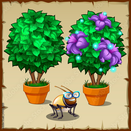 Set of two miniature potted trees and fun insect