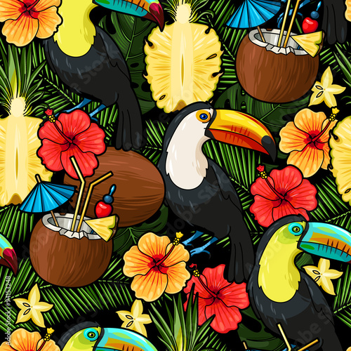 Toucan and tropical cocktail seamless