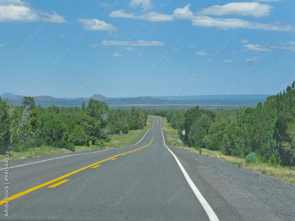 Road through landscape in Arizona, United States on a sunny and cloudy day in July.