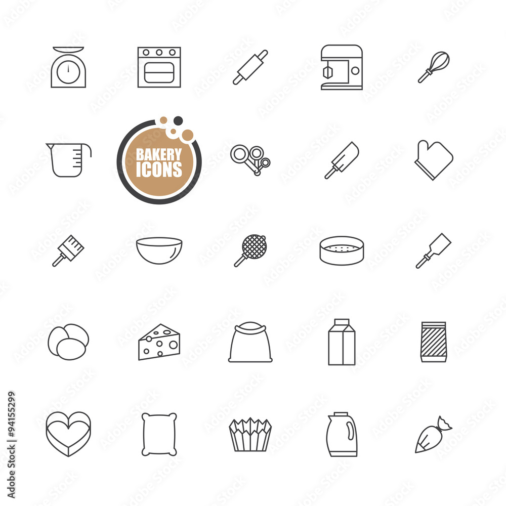 Bakery equipment icons line set Bakery equipment icons line set