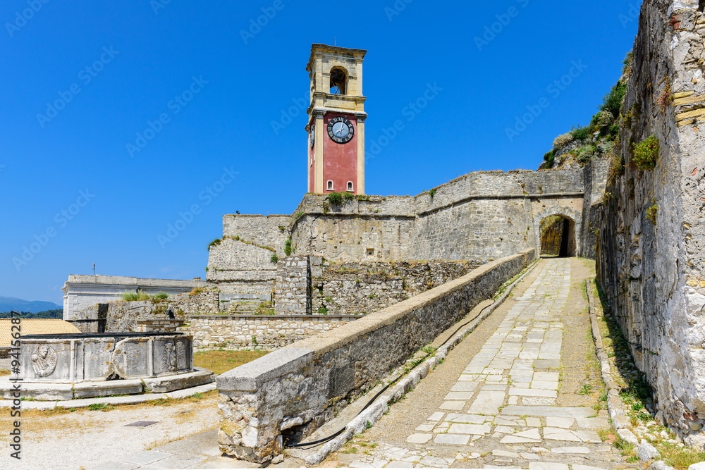 Clock Tower at Old Fortress of Corfu Town, Corfu Island, Greece.