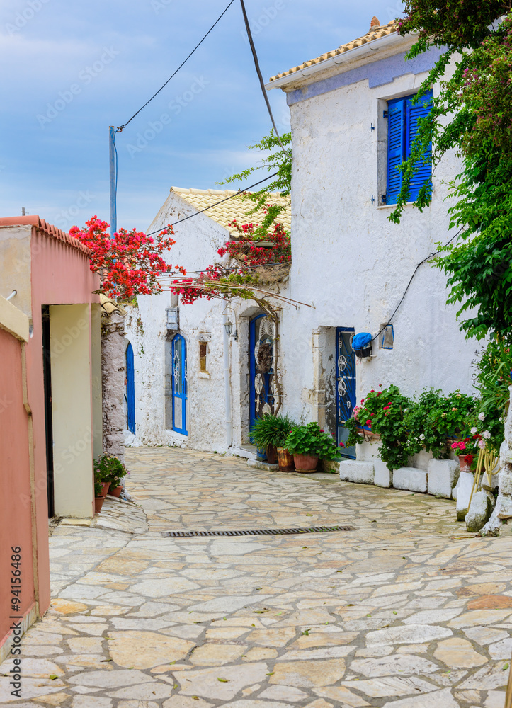 Fototapeta premium A beautiful street in Afionas Garden Village, Corfu, Greece.