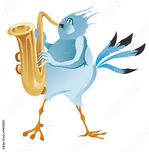 un oiseau bleu faisant du saxophone