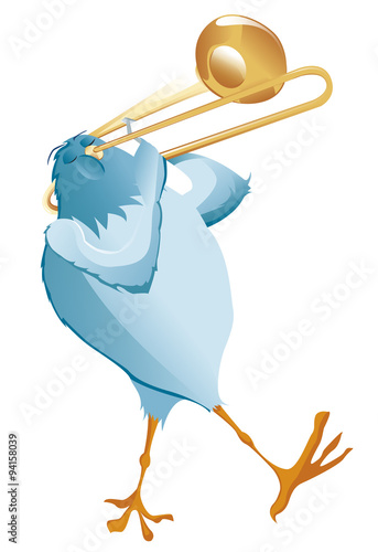 Un oiseau bleu jouant du trombone