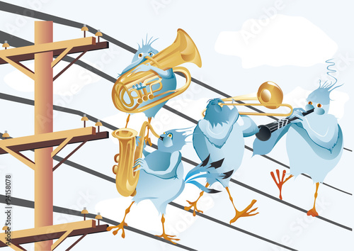 Un orchestre d'oiseaux bleu sur une portée