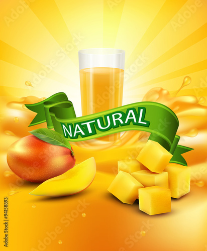 vector background with mango, a glass of juice, slices of mango,