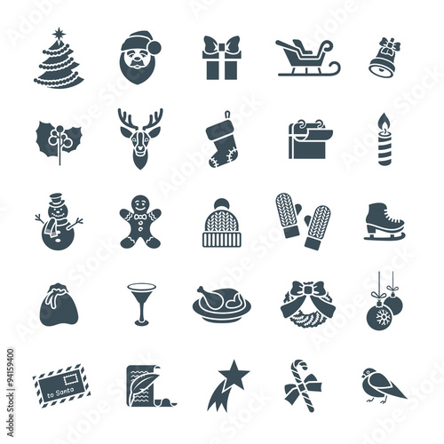 Christmas symbols flat vector silhouette icons set. Winter holiday conceptual design elements. Kids winter vacation fun and celebration illustrations for website, mobile or computer apps, infographics