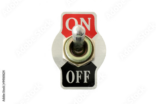 Closeup of toggle switch in front view using for electric circuit on-off, isolated in white background