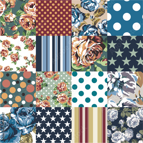 Vector patchwork seamless pattern with roses, dots and stars