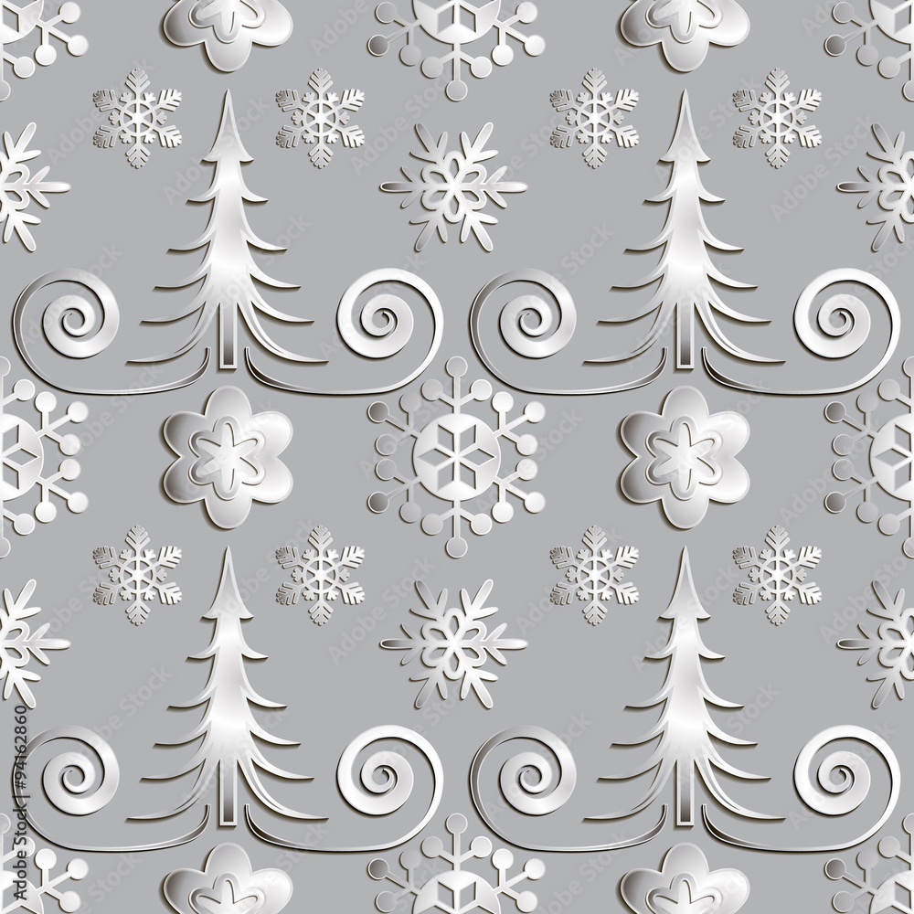 Obraz premium Seamless abstract illustration of nature. Figure 3D, Christmas trees, snowflakes, snowstorm. Color gray metal, silver. Vector.