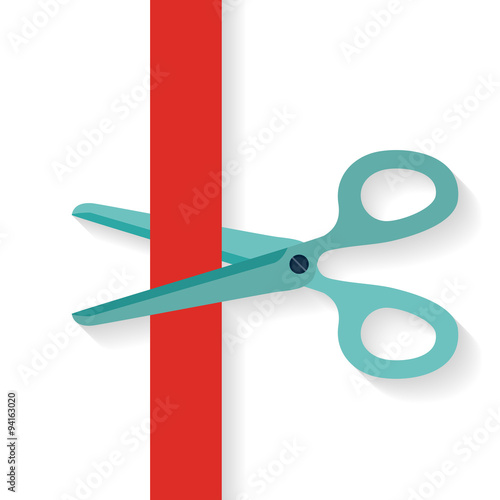 Flat design icon scissors cutting red vertical ribbon.