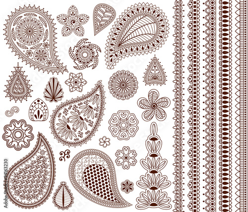 Set of oriental ornaments for henna tattoo and for your design. Plus five seamless borders. photo
