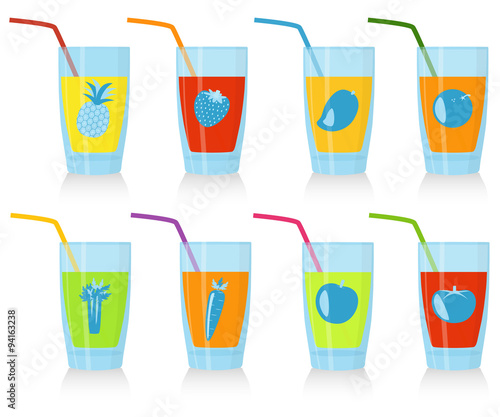 Set of glasses with juice. Good for fresh bars, children menu, vegetarian cafe.