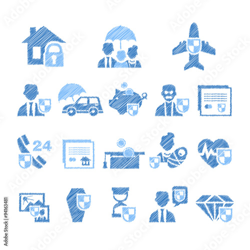 Insurance Icons in Handdrawn Style. Vector Illustration Set