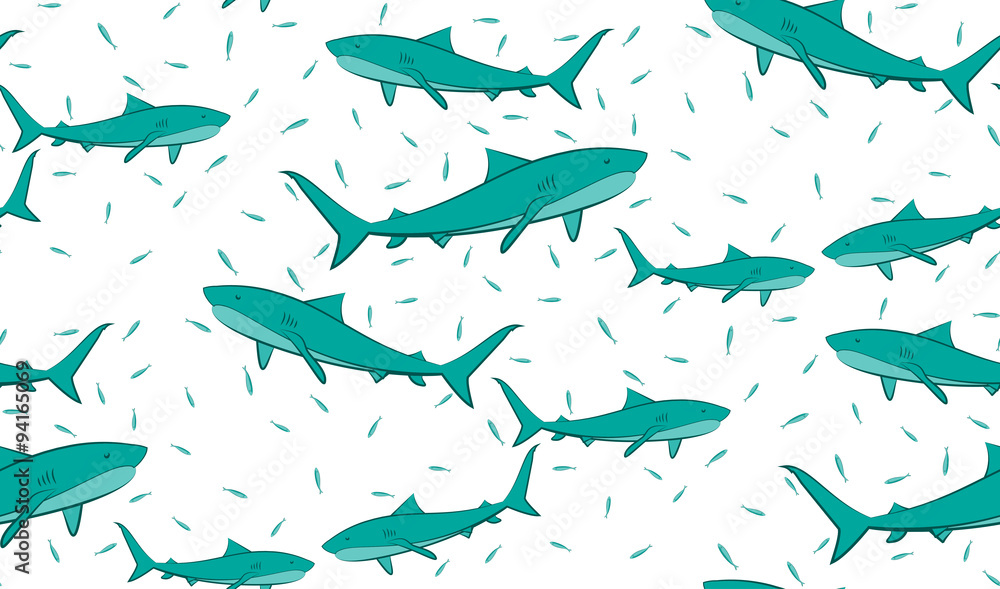Obraz premium Vector seamless pattern of sharks and fish. Chaotic sharks and fish. eps 10.