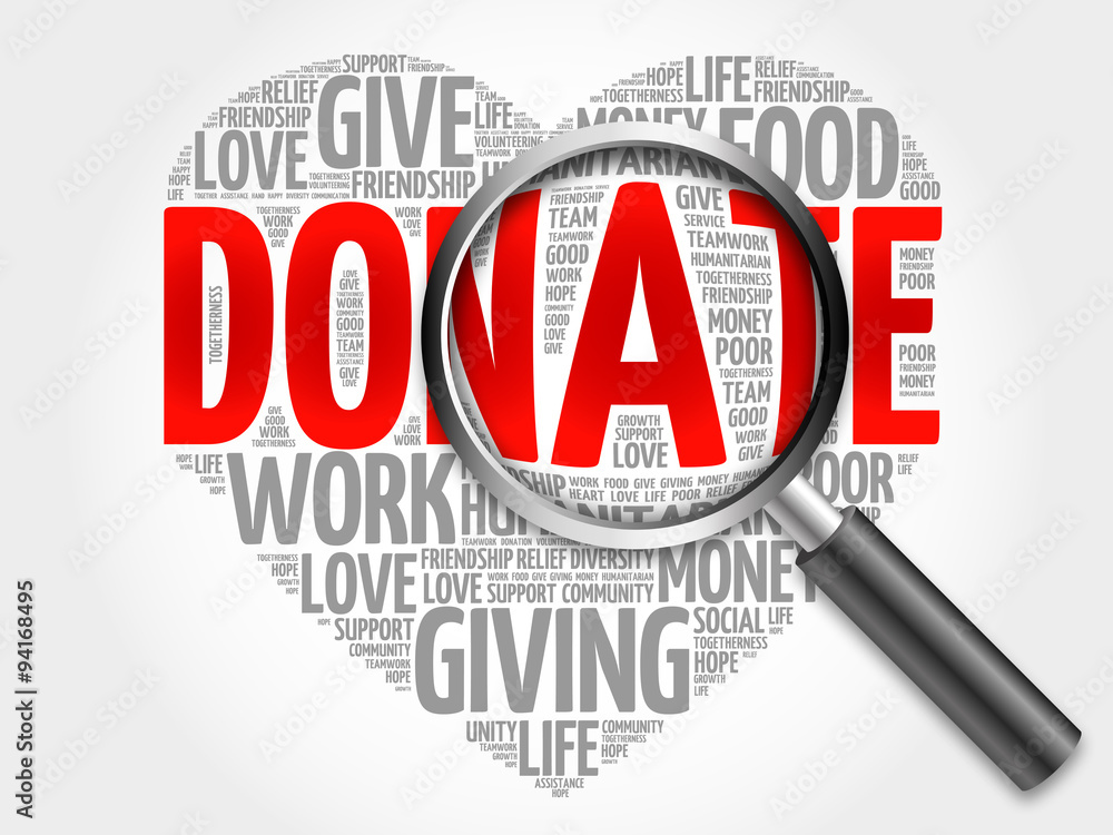Donate word cloud with magnifying glass, concept Donate word cloud with magnifying glass, concept