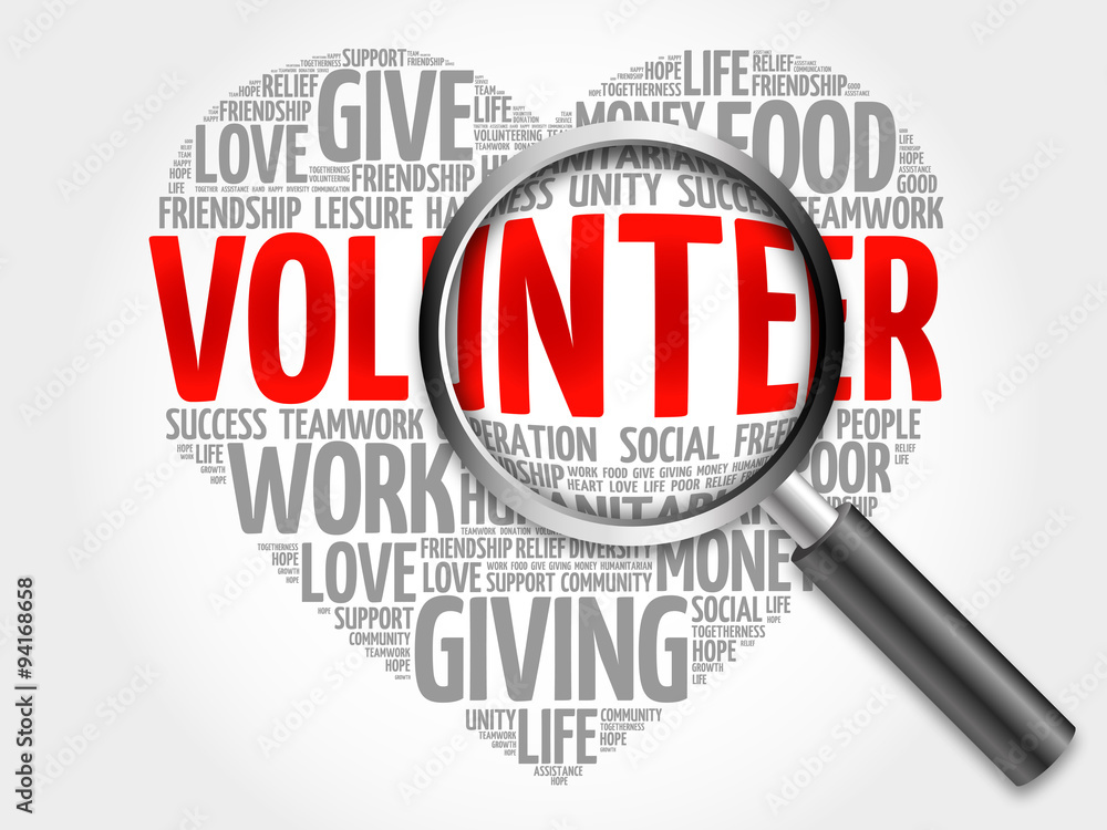 Volunteer word cloud with magnifying glass, concept Volunteer word cloud with magnifying glass, concept
